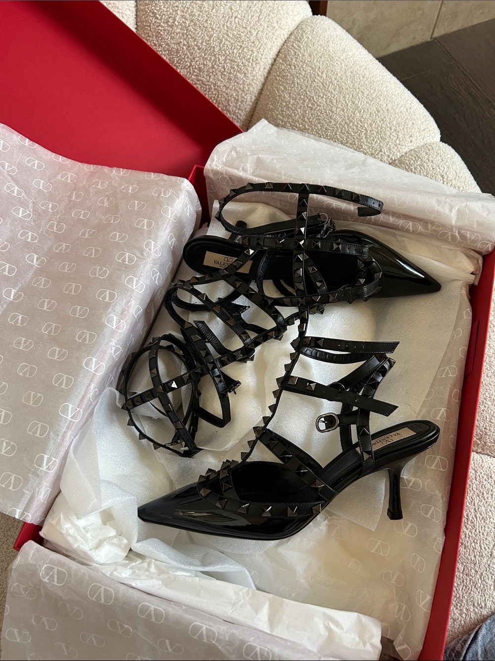 Valentino Garavani Black Patent Rockstud Pointed-Toe Strappy Heels